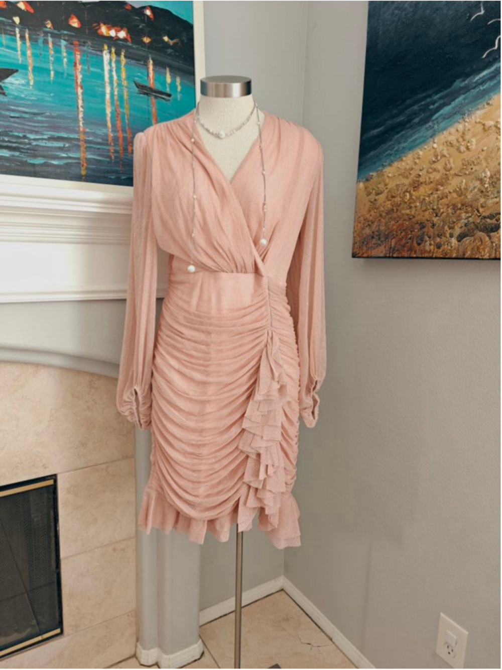 Women's ANANY Pink Long Sleeve Ruched Ruffle Mini Dress - Picture 6 of 10